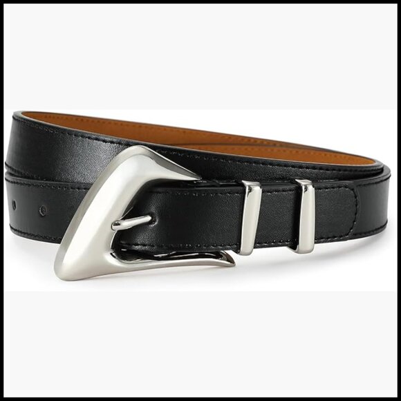 Faux Leather Belt with Silver Buckle for Women, Adjustable Notches